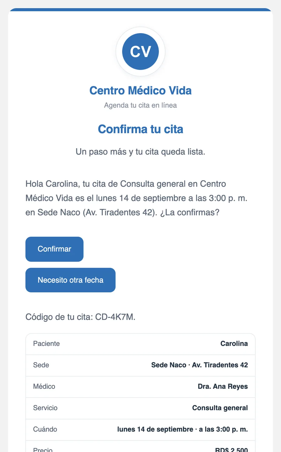Correo automático de confirmación de cita
