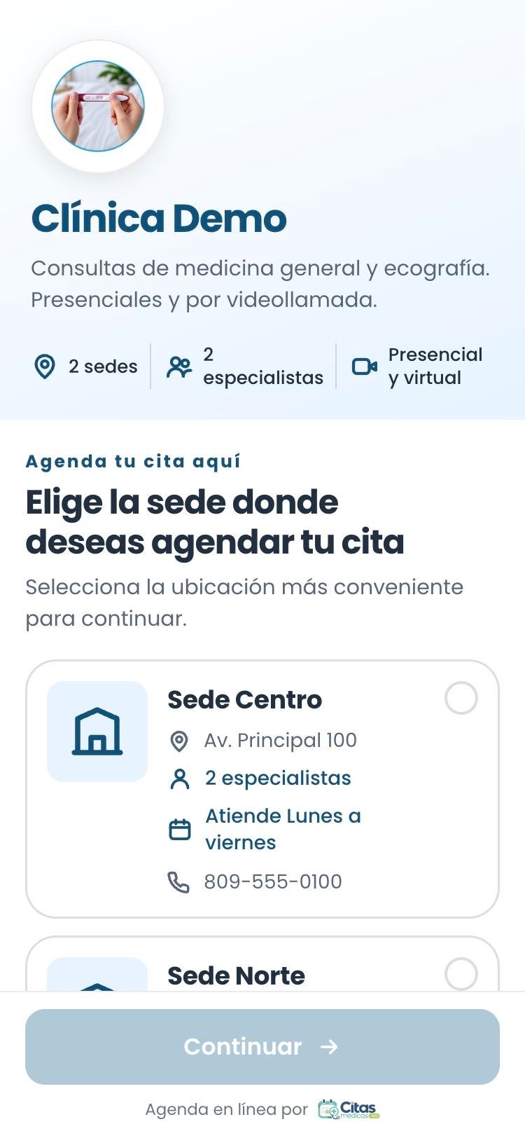Página de citas de la clínica en Citasmedicas.app