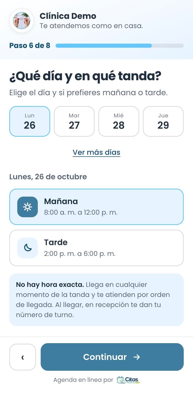 Página de citas en Citasmedicas.app: el paciente elige día y tanda